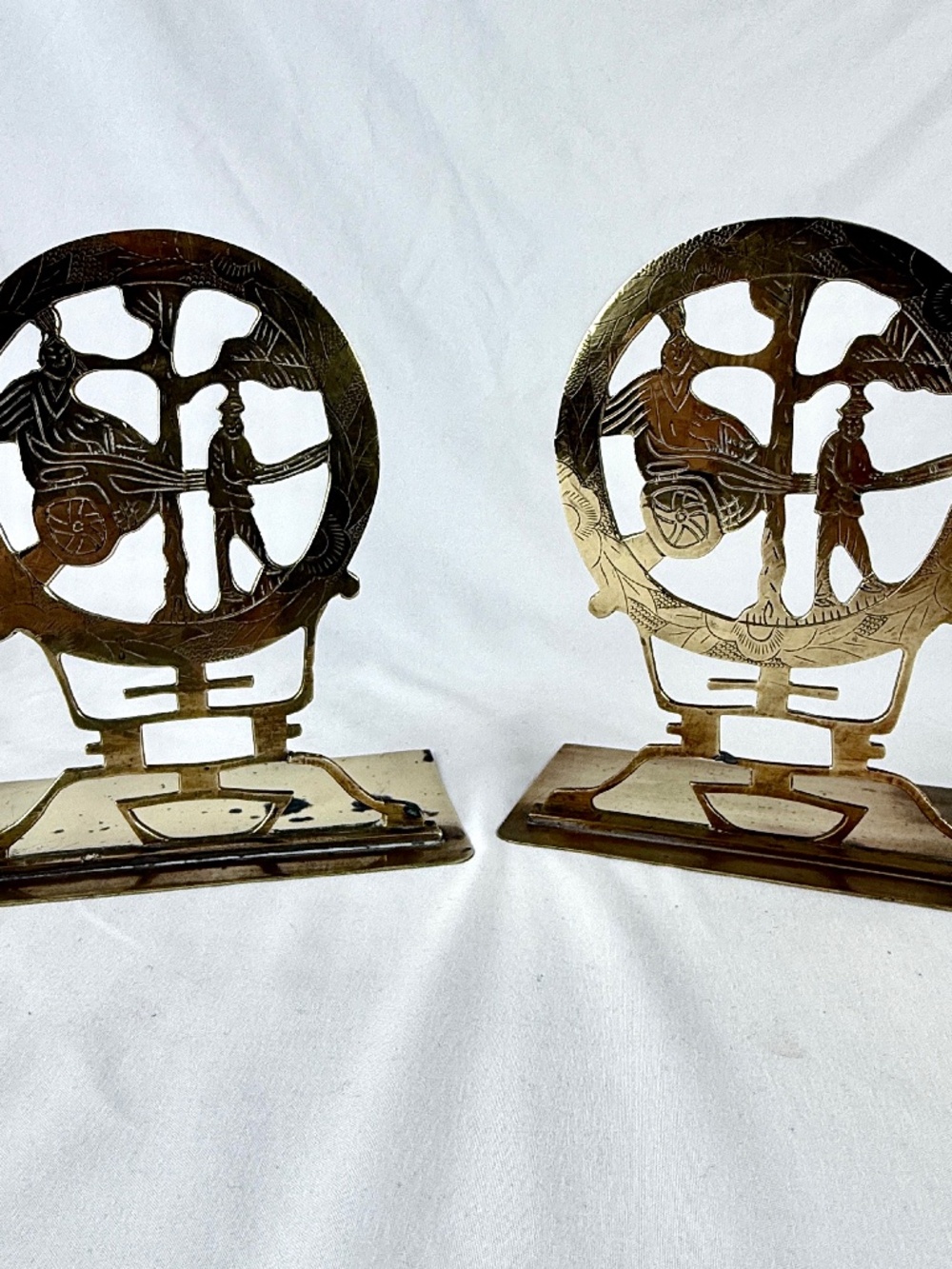 Vintage Chinoiserie Brass Bookends Chinese Riding a Rickshaw Circle 7 inch High